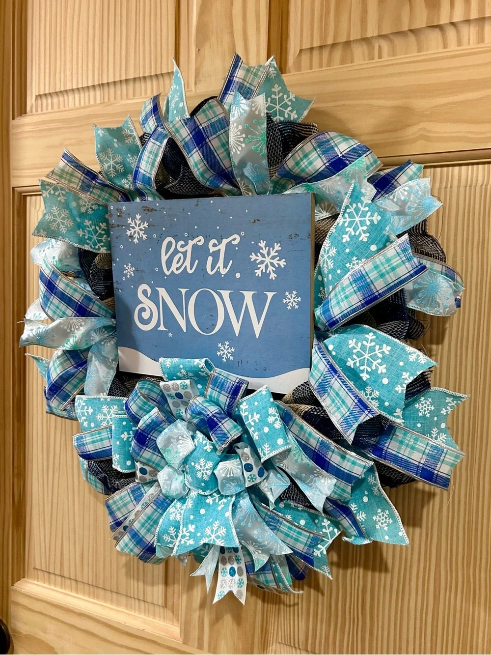 Let It Snow Blue Winter Wreath - Decorative Holiday Door Accent